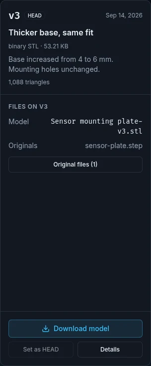 The real revision inspector with sensor-plate.step and the Download model action.