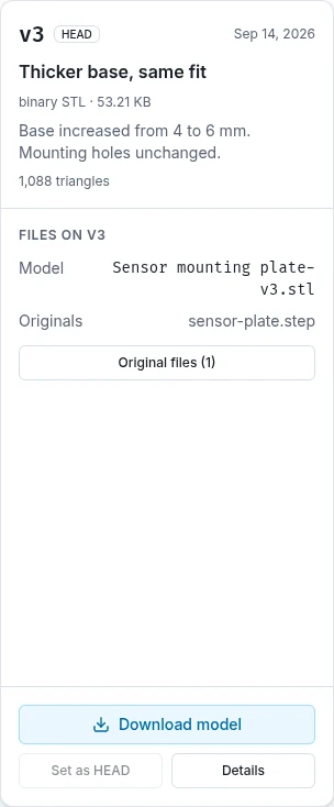The real revision inspector with sensor-plate.step and the Download model action.