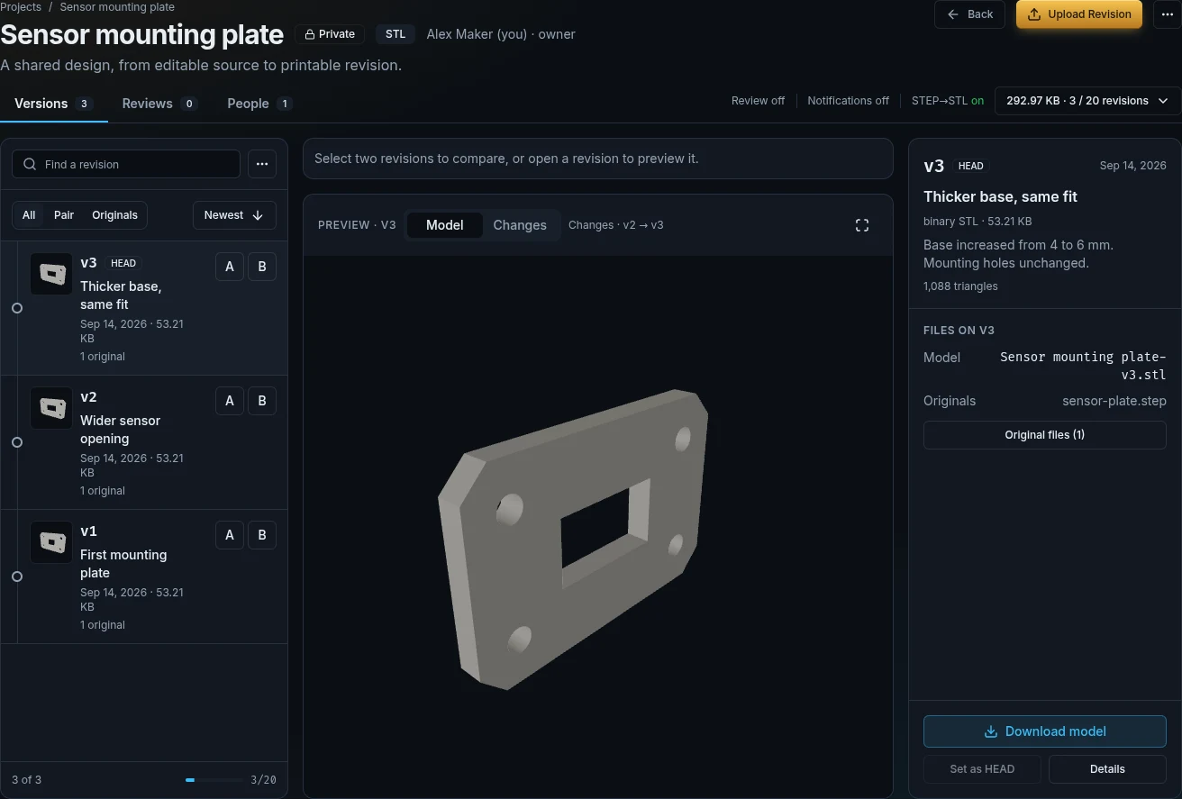Sensor mounting plate in the STL Diff Versions workspace: revision history, 3D model, original STEP and download controls.