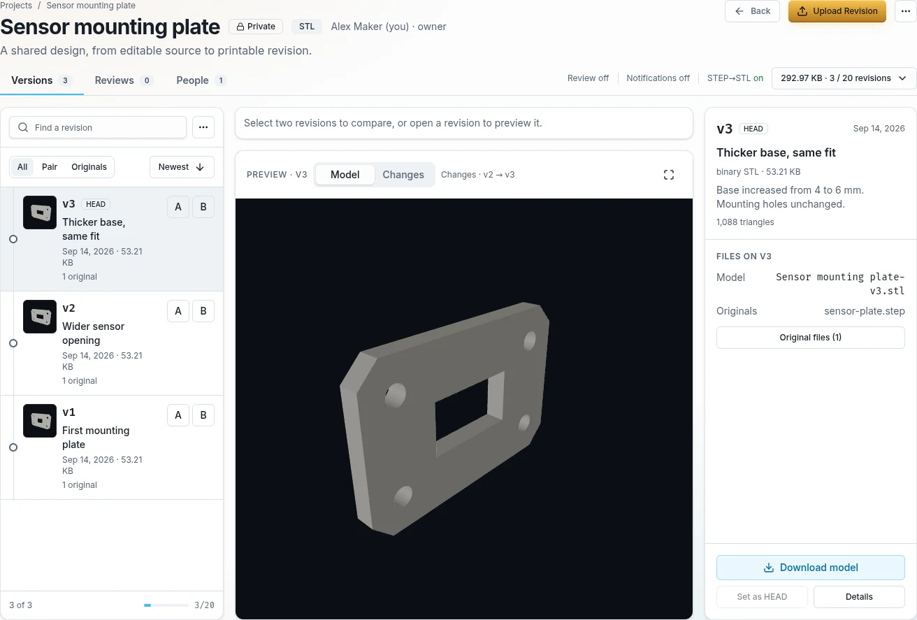 Sensor mounting plate in the STL Diff Versions workspace: revision history, 3D model, original STEP and download controls.