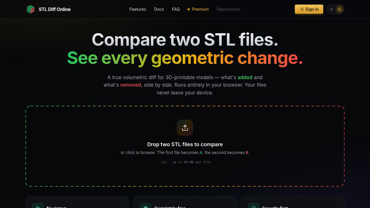 Compare STL Files Online — Free Volumetric 3D Diff